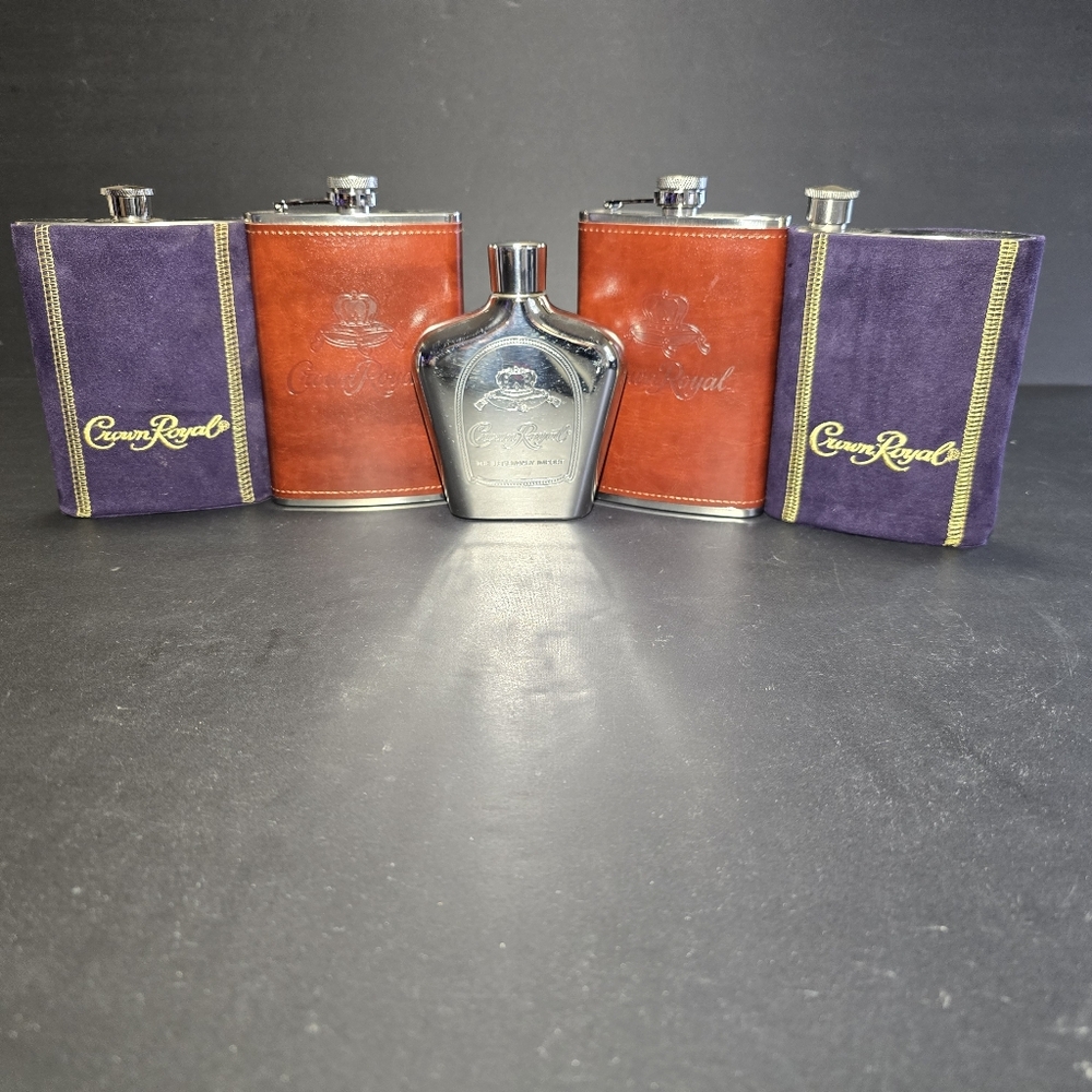 Crown Royal Stainless Steel Hip Flask Set Of 5 Purple Suede Leather Barware